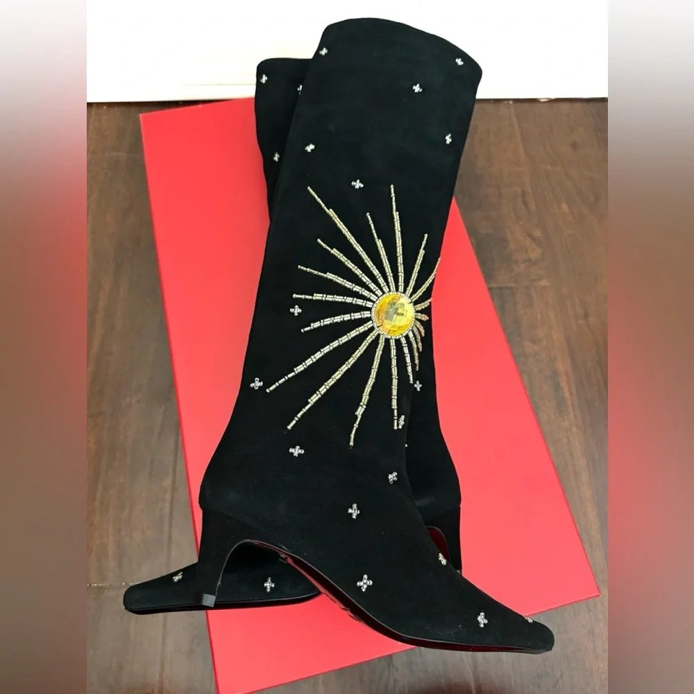 NWT STAUD Wally Suede Crystal embellished Tall Boots in Black Celestial Size 8 - Picture 14 of 17